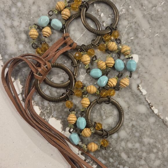 Boho Beaded Chain Belt Leather Fringe Turquoise Wood Beads Antique Gold Western main image 4